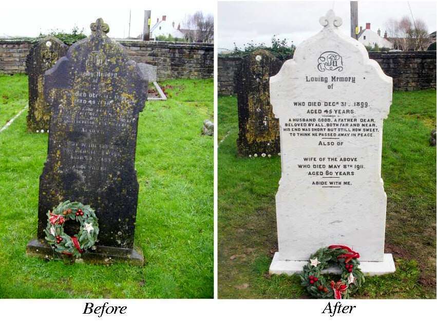 Amazing work to transform a tired and run down large headstone memorial. Yeovil, Crewkerne, Weymouth Appleby & Childs. Memorial Restoration.
