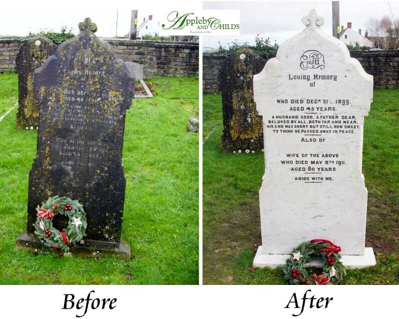Amazing work to transform a tired and run down large headstone memorial. Yeovil, Crewkerne, Sherborne, Weymouth Appleby & Childs. Memorial Restoration.